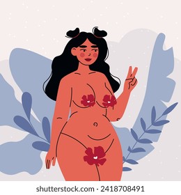Cute plump woman. Cartoon chubby female body in flowers, healthy overweight body positive concept, natural feminine body shape. Vector flat illustration.