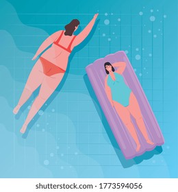 mujeres lindas de plump en el suelo inflable en el diseño de ilustración de vector pool