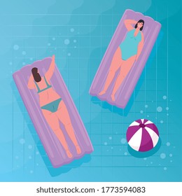 mujeres lindas de plump en el suelo inflable en el diseño de ilustración de vector pool