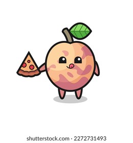 cute pluot fruit cartoon eating pizza , cute style design for t shirt, sticker, logo element