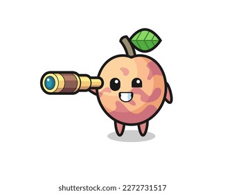 cute pluot fruit character is holding an old telescope , cute style design for t shirt, sticker, logo element