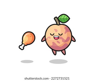 cute pluot fruit floating and tempted because of fried chicken , cute style design for t shirt, sticker, logo element