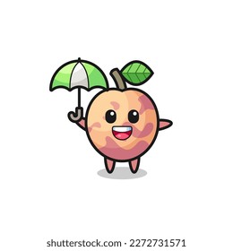 cute pluot fruit illustration holding an umbrella , cute style design for t shirt, sticker, logo element