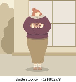 Cute plus size red hair woman holding donuts in her hands. Body positive concept. Flat vector illustration.