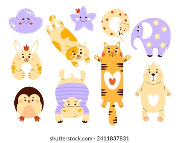 Juguetes animales de felpa. almohadas de juguete blandas y grandes antiestrés de tamaño desmesurado - gato, peluche de oso, elefante, pingüino, hipopótamo y almohada de cuello de conejo. Isolación de ilustraciones vectoriales en estilo plano.