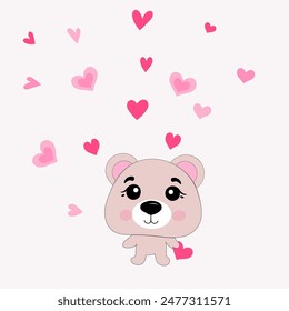 Cute plush bear holding pink heart, vector illustration