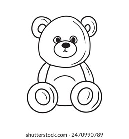 Cute plush big toy bear sitting in black isolated on white background. Hand drawn vector sketch illustration in doodle engraved line art vintage style. Concept of childhood, support, friendship