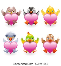 Cute plush bird toys with heart. Romantic dating icon set. Valentines day icons. Vector illustration. Owl, penguin, chicken, ostrich, parrot, duckling.