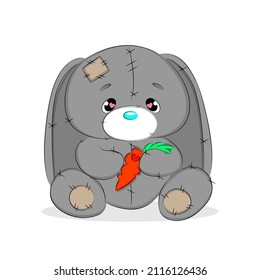 Cute plush bunny with carrot, toy, sad bunny, print for baby room, baby shower, greeting card, and baby t-shirts and clothes, hand drawn baby illustration, Vector illustration