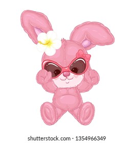 Cute plush bunny on vacation in sunglasses and decorative hibiscus