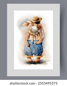 Cute plush donkey from toy and doll store, wearing shorts and tie on wall art. Watercolor artwork. Print with toy in shape of donkey to develop child love for animals, in frame with decor for poster