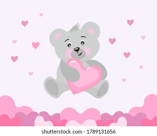 Cute plush gray teddy bear holding a heart.
Pink background with place for text.
For greeting cards, flyers, labels.
Vector composition.