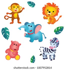 Cute plush monkey, lion, elephant, hippo and zebra are on white background