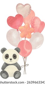 Cute plush panda holding colorful balloons. Perfect for baby shower cards, nursery wall art, and kids’ celebration designs.