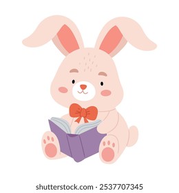 A cute plush rabbit with a bow is holding a book in his paws.I love reading. Funny bunny with book.