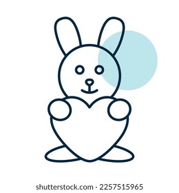 Cute plush rabbit with heart icon. Valentine day symbol. Vector illustration, romance elements. Sticker, patch, badge, card for marriage, wedding