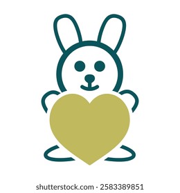 Cute plush rabbit with heart icon. Valentine day symbol. Vector illustration, romance elements. Sticker, patch, badge, card for marriage, wedding