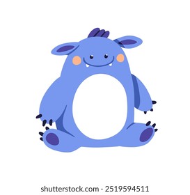 Cute plush stuffed toy, funny happy monster. Soft cuddly animal, kids kawaii adorable creature for nursery, kindergarten play. Childish flat vector illustration isolated on white background