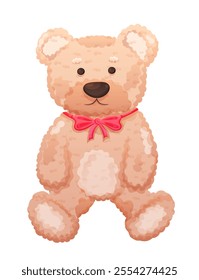 Cute plush Teddy bear toy with red bow isolated on transparent background