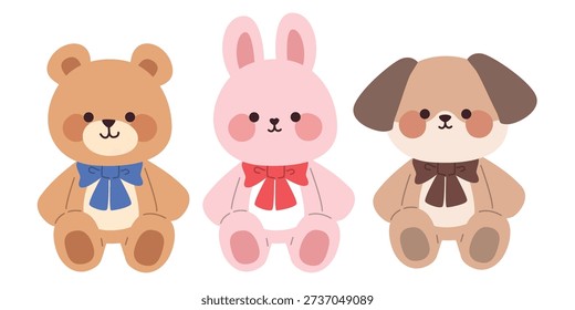 Cute plush toy animals vector illustration set	