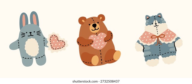 Cute plush toy collection, bunny, bear, cat, stitched hearts, cozy soft illustration.