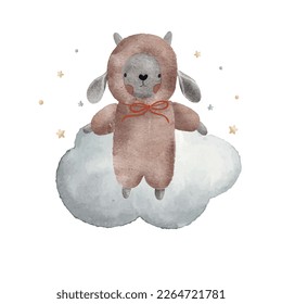 Cute plush toy on the cloud with little stars, watercolor vector illustration
