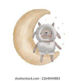 Cute plush toy on the moon with little stars, watercolor vector illustration