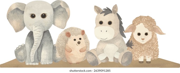 Cute plush toy set — elephant, hedgehog, horse, and lamb in pastel colors. Perfect for baby shower cards, invitations, nursery decor, and kids’ designs.
