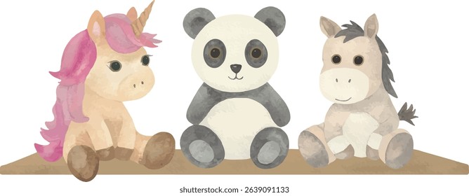 Cute plush toy set — unicorn, panda, and horse in pastel colors. Perfect for baby shower cards, invitations, nursery decor, and kids’ designs