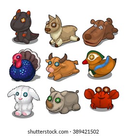 Cute plush toys in form of animals with eyes made of buttons. Vector illustration.