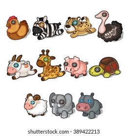 Cute plush toys in form of animals with eyes made of buttons. Vector illustration.