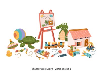 Cute plush, wooden and plastic toys for children's development. Chalkboard, car, drawing, ball, dollhouse, rocket, musical instruments for preschool boys and girls. Flat vector illustration on white.