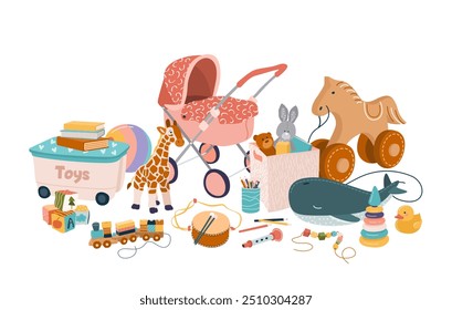 Lindos juguetes de peluche, madera y plástico para el desarrollo de los niños. Tambor, tren, pelota, caballo, libros, cochecito, instrumentos musicales para niños y niñas en edad preescolar. Ilustración vectorial plana sobre fondo blanco