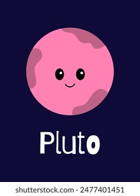 Nette Pluto Zwergplanet Kinder Vektorillustration, Sonnensystem Bildungskarte für Unterricht, Heimschule, Grundschule und Kindergarten. Bedruckbare Space Themed Karte auf dunklem Hintergrund