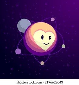 Cute Pluto planet with a smiling face and heart shape. Vector cartoon Pluto, Charon, and other moons with an orbit around.