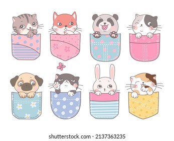 Cute pocket animal. Cartoon pockets kitten, dog and bunny. Happy friends for kids, adorable pets print. Funny nowaday panda, fox and cats vector kit svg
