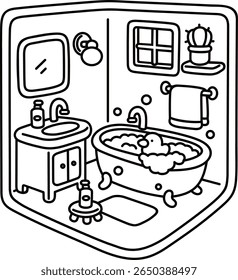 Cute pocket bathroom, easy coloring for kids, vector, illustration, coloring book, coloring page, cozy, cute, bold, comfy