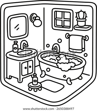 Cute pocket bathroom, easy coloring for kids, vector, illustration, coloring book, coloring page, cozy, cute, bold, comfy
