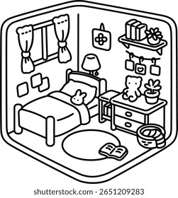 Quarto de bolso bonito, fácil coloração para crianças, vetor, ilustração, livro de coloração, página de coloração, acolhedor, fofo, negrito, confortável