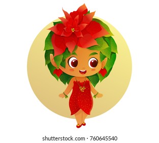 Cute poinsettia elf illustration for Christmas