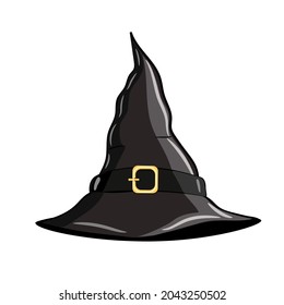 Cute pointed black witch hat with gold buckle isolated on a white background. Cartoon vector illustration for Halloween.