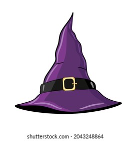 Cute pointed purple witch hat with gold buckle isolated on a white background. Cartoon vector illustration for Halloween.