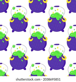 Cute poison potion cauldron vector halloween seamless pattern on a white background