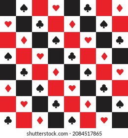 Cute Poker Solitaire Club Diamond Spade Heart Element Red White Black Check Checked Checkered Gingham Pattern Editable Stroke. Cartoon Illustration, Mat, Fabric, Textile, Scarf, Wrapping Paper. 