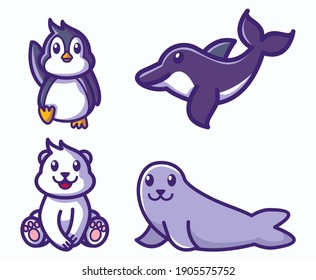 Cute Polar Animals Mascot Vector Illustration. With Penguin, Polar Bear, Dolphin, And Seal. With Blue, Yellow, And Grey Color. Cute, Fun, FUnny, And Outline Style. Recomended For Children Book Cover.