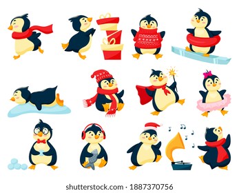 Cute polar arctic penguins. Comic Christmas characters. Little positive antarctic mascots celebrating holidays, dancing, playing, sleeping, getting gift vector illustration isolated on white background