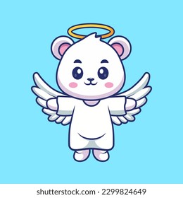 Cute Polar Bear Angel Flying Cartoon Vector Icon Illustration. Animal Holiday Icon Concept Isolated Premium Vector. Flat Cartoon Style