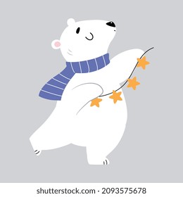 Cute Polar Bear Animal Wearing Scarf Holding Star Garland Enjoying Winter Season Vector Illustration