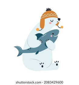 Cute Polar Bear as Arctic Animal in Knitted Hat Sitting and Holding Fish Vector Illustration