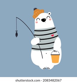 Cute Polar Bear as Arctic Animal in Knitted Hat Sitting and Catching Fish Vector Illustration